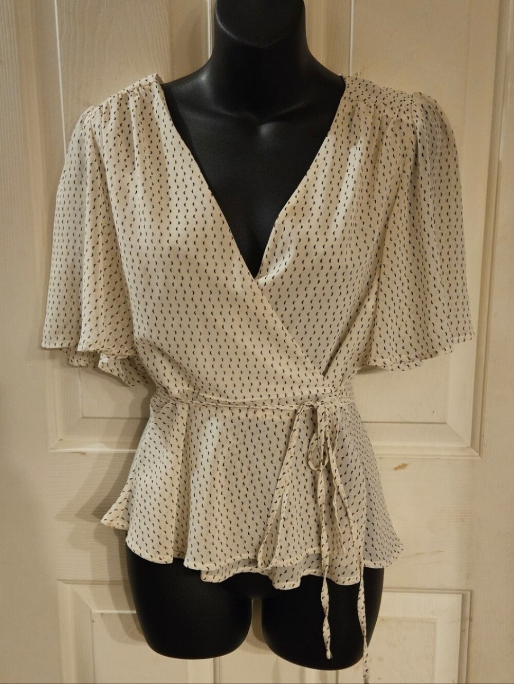 Fashion Nova Cream Wrap Blouse with Black Dot Print